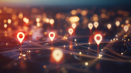 Aerial view of glowing digital map with highlighted routes and locations, symbolizing targeted advertising and location-based services, surrounded by city lights and traffic.