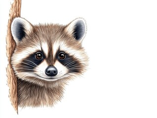 Obraz premium A charming raccoon peeking from behind a tree trunk in a serene woodland setting