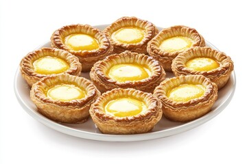 Egg tarts, Portuguese pastry, custard tarts, flaky pastry shells, golden yellow filling, crispy edges, circular arrangement, white plate, traditional dessert, close-up food photography, warm tones, ap