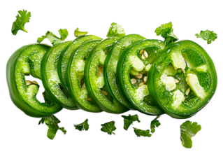 Fresh green bell peppers slices on a transparent background
