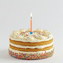 Festive Birthday Cake with Colorful Sprinkles and Candle on White Background