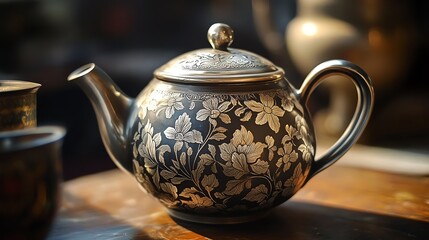A vintage teapot with intricate floral engravings