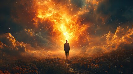 faith heavenly background man standing on a valley in front of a divine light christian concept of faith