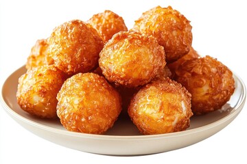 Golden crispy spheres, deep-fried dough balls, plate of fresh zeppole, Italian pastry, powdered sugar dusting, warm glow, textured surface, appetizing dessert, round pastries, close-up food photograph