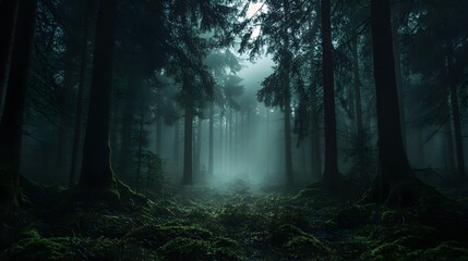 Obraz premium A dense and mysterious forest with fog and towering trees