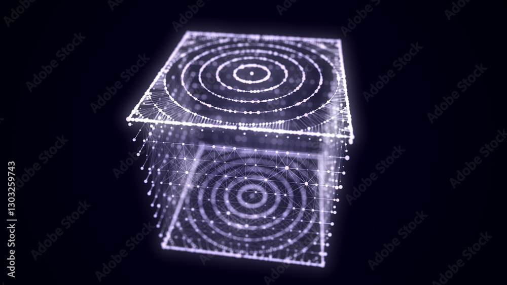 Fototapete Abstract blue cube with connecting dots and lines. Big data visualization. Blockchain technology concept. Wireframe network connection structure with circle. 3d rendering.