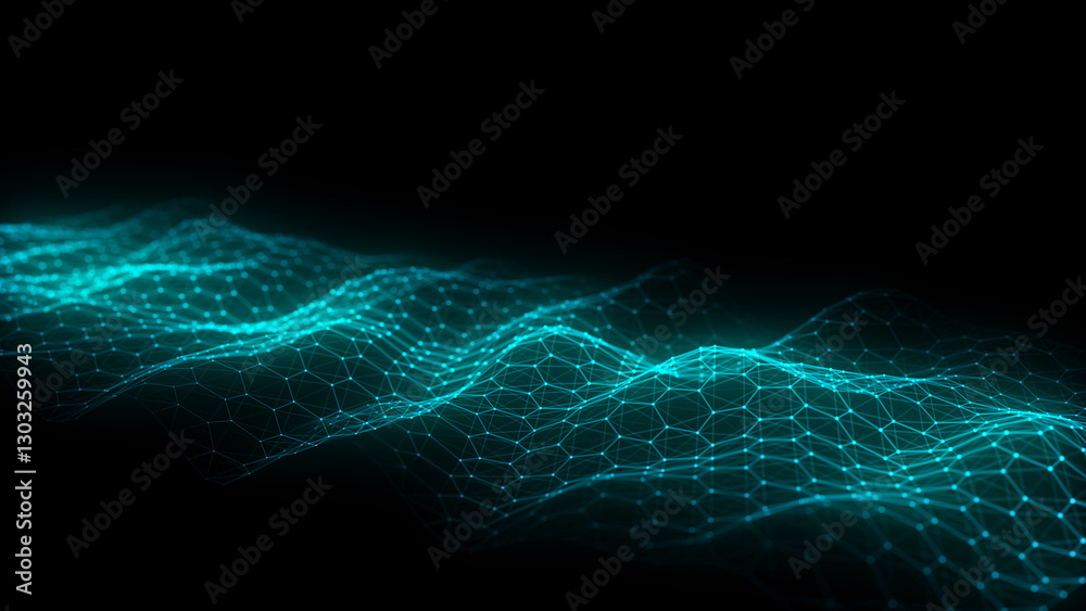 Aufkleber Technology green hexagon wave of particles and lines. Big data visualization. Analytics representation. Digital background. 3d rendering.