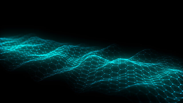 Technology green hexagon wave of particles and lines. Big data visualization. Analytics representation. Digital background. 3d rendering.