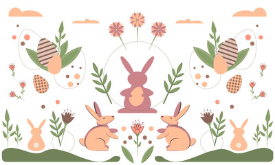 Banner decorated with Easter symbols. Rabbits, Easter eggs, flowers in flat style. Modern minimalist design. Vector.