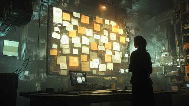 Woman reviewing clues on a large wall of notes in a dimly lit office.