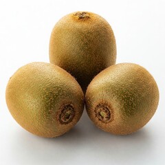Three Whole Kiwi Fruits with Brown Fuzzy Skin Arranged on a White Background