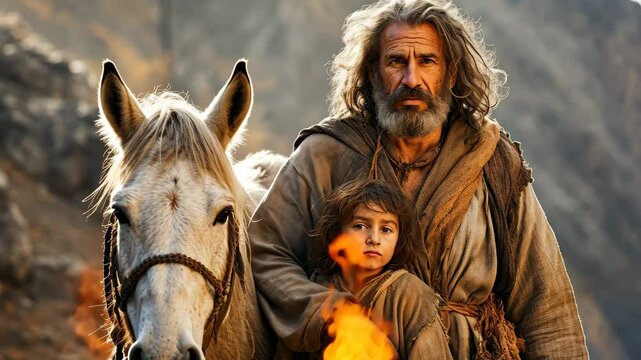 Patriarchs test of faith in the Biblical sacrifice scene on the mountaintop 4K