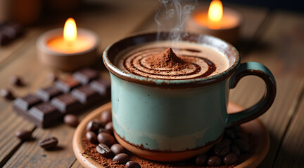 A close-up shot of a rustic ceramic mug filled with steaming hot cacao topped with a swirl of melted chocolate, surrounded by chocolate pieces and glowing candles