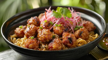 Bowl of Asian noodles with grilled meatballs, vibrant background