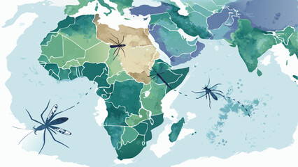 Watercolor Map Background with Copy Space: Soft Hues of Green and Blue Depicting Regions Affected by Malaria, with Abstract Representations of Malaria Mosquitoes, Informative and Engaging**  
