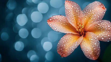 Fototapeta premium A captivating close-up of raindrops delicately resting on a tiny flower’s petals, reflecting nature’s intricate beauty and serenity, symbolizing renewal, purity, and the delicate balance of life