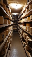 Fototapeta premium Rows of neatly arranged cheese wheels line the wooden shelves of a rustic cellar, their natural colors glowing warmly under soft lighting. The atmosphere is rich with the aroma of aged dairy