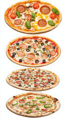 Vielfalt an Pizza-Variationen auf einem weißen Hintergrund präsentiert

