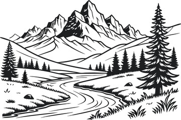 Minimalist Black and White Mountain Landscape Illustration