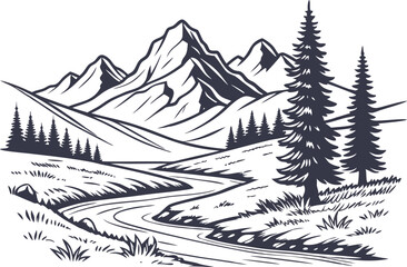 Minimalist Black and White Mountain Landscape Illustration
