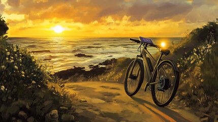 Fototapeta premium Sunset over the ocean with a bicycle on a coastal path