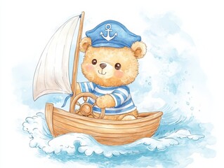 Naklejka premium Cute bear in sailor outfit sailing a small boat on calm waters