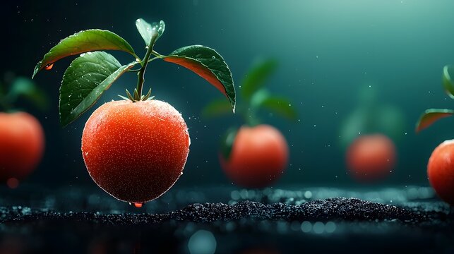 Glowing and pulsing biotech fruits that radiate with energy growing in a futuristic orchard setting  The scene showcases advanced agricultural technology and innovative approaches to horticulture