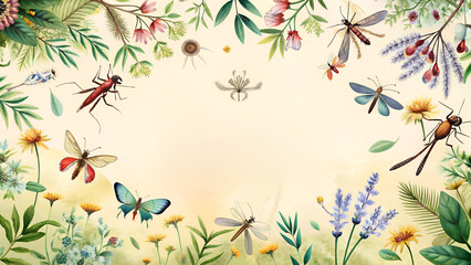 Obraz premium Watercolor Floral Background with Copy Space: Hand-Painted Mosquito and Malaria’s Impact on Communities Surrounded by Healing Herbs and Plants, Serene and Restorative Feel*