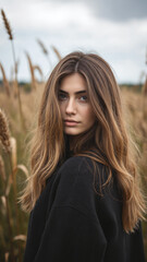Woman with hair in nature high grass