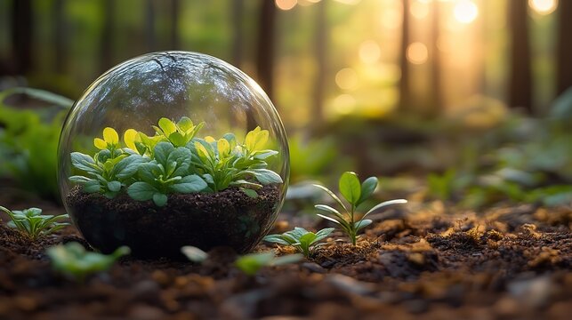 glass sphere with green plant inside on nature background ecology concept