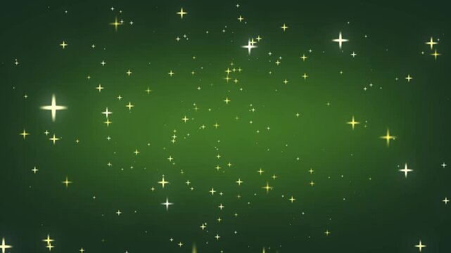St. Patrick. Lucky shamrocks, shiny stars and glowing glittering particles on a dark green gradient background. This Saint Patrick's Day celebration party background animation is full HD.