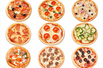 Vielfalt an Pizzasorten auf hellem Hintergrund für Genussliebhaber

