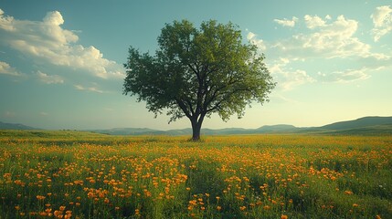 green meadow and lonely tree on blue sky background with copy space