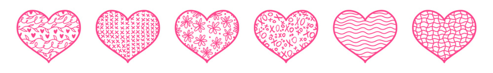 Hand drawn line art hearts set. Valentine's day textured heart shape doodle templates.