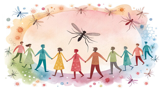 Watercolor Circle Background with Copy Space: Diverse Human Figures Holding Hands in Various Skin Tones, Surrounded by Subtle Mosquito Motifs, Promoting Unity and Action Against Malaria