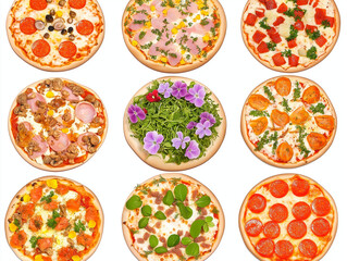 Vielfältige Pizzakreationen auf einem weißen Hintergrund für Feinschmecker

