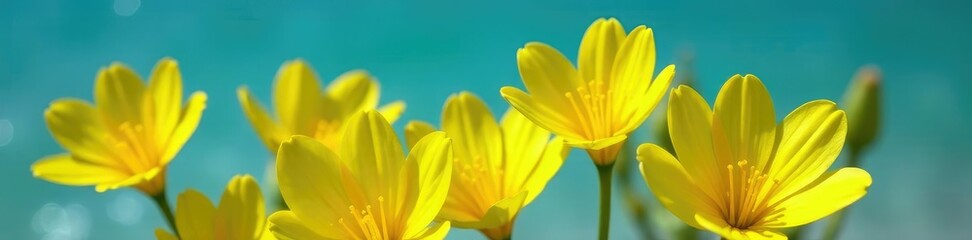 Obraz premium Bright yellow petals of Glaucium flavum closeup against turquoise Mediterranean Sea background, Nature Photography, Yellow Blooms, Mediterranean Sea