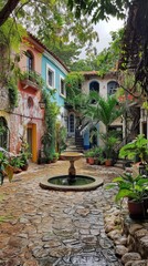 Fototapeta premium A tropical courtyard with a picturesque fountain, flanked by colorful houses and abundant greenery under a clear blue sky.