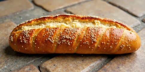 Brown and tan striped baguette on a stone floor, floor, tan, stripes