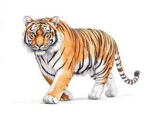 Fototapeta premium Majestic tiger walking gracefully across a white background, showcasing its vibrant stripes