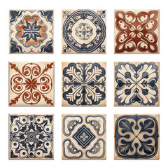 set of vintage patterned square tiles transparent background