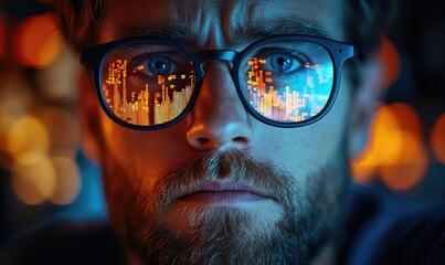 Close up portrait of a man with glasses reflecting city lights, illuminated face, urban theme, intense expression, detailed facial features, illuminated city lights reflected in glasses, vibrant