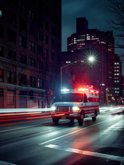 An ambulance's red lights stand out in the night, signaling an emergency as it navigates through the city's thoroughfares.