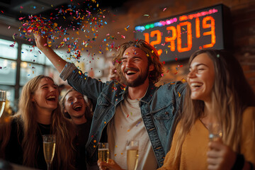 Victorious startup team celebrating their first big investment with wine glasses and excitement, captured in a joyous moment of success.