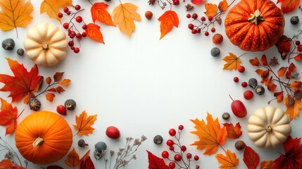 Autumn harvest frame with pumpkins, leaves, and berries on white background.