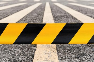 A close-up view of a caution tape blocking a road with yellow and black stripes, emphasizing safety and traffic regulations.