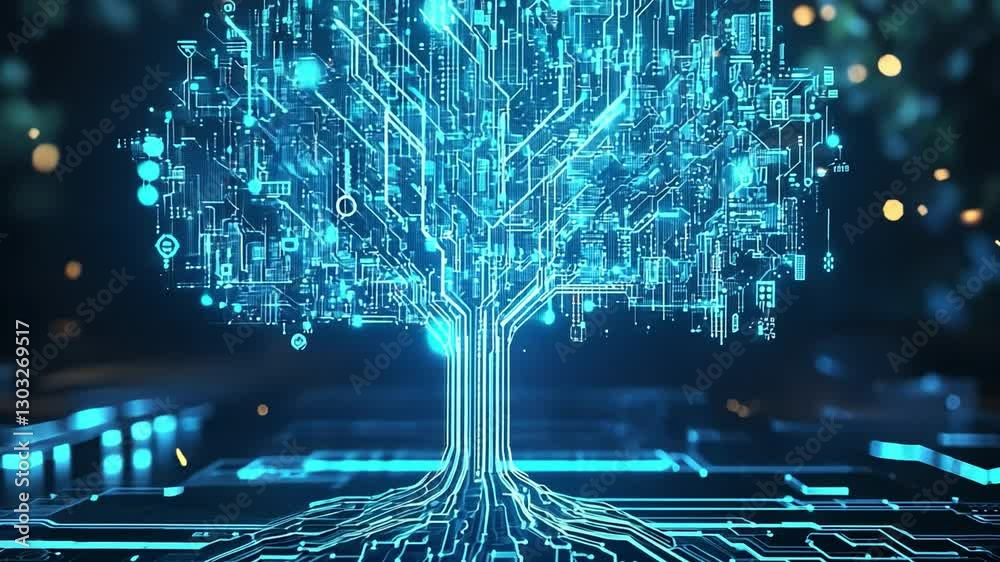Wall mural glowing blue circuit tree representing ai and machine learning, futuristic technology background