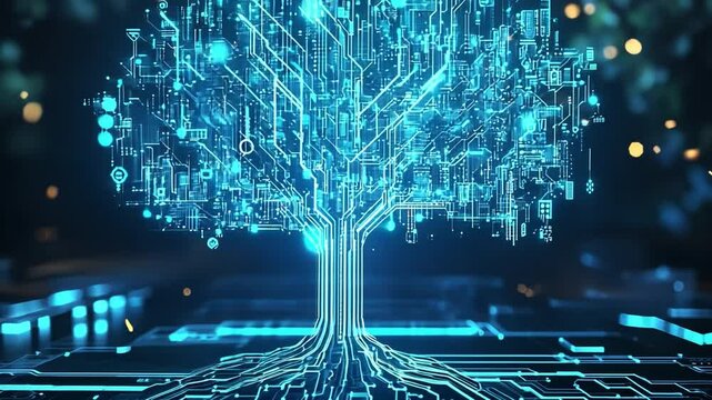 Glowing blue circuit tree representing AI and machine learning, futuristic technology background