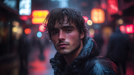 Obraz premium A young man with wet hair and raindrops on his face stands on a busy street in a metropolis, surrounded by blurry neon lights..