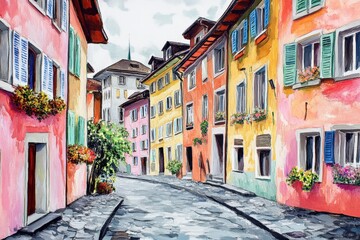 Colorful european street painting depicting cozy houses and flowers